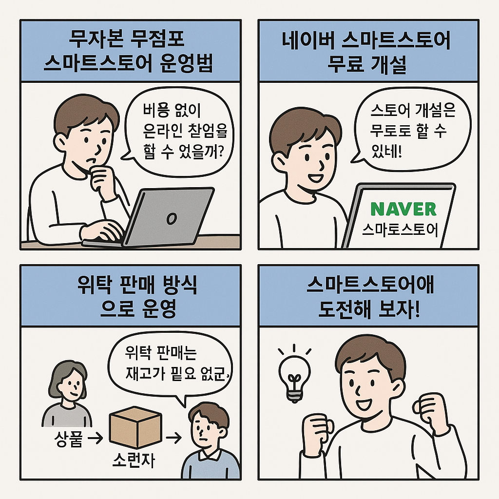 첫 번째 컷:
한 젊은 남성이 책상 앞에 앉아 컴퓨터 화면을 바라보며 말풍선 속에 “스마트스토어? 하고는 싶은데 자본이 없어...”라고 말한다. 그의 표정에는 고민과 망설임이 가득하다.
두 번째 컷:
컴퓨터 화면에 “무자본, 무점포로도 시작 가능!”이라는 문구가 번쩍 뜨자, 남성의 눈이 커지며 놀란 표정을 짓는다. 그는 “진짜?”라고 외치며 의자에서 몸을 앞으로 내민다.
세 번째 컷:
남성이 도매매, 사방넷, 셀러허브 같은 상품 소싱 사이트를 둘러보며 “이렇게 위탁 판매로 운영하면 재고도 필요 없네!”라고 말한다. 배경에는 박스나 물건 대신 웹사이트 창이 가득하다.
네 번째 컷:
남성이 활짝 웃으며 “나도 드디어 시작이다!”라고 외치며 스마트스토어 창업을 다짐한다. 그의 옆에는 ‘첫 판매 도전!’이라는 팻말이 세워져 있다.