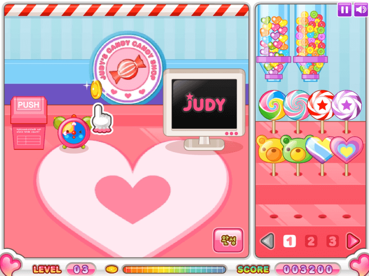 쥬디의-캔디-캔디-샵-플래시게임-플레이2-캔디를-판매하여-동전을-획득하는-화면