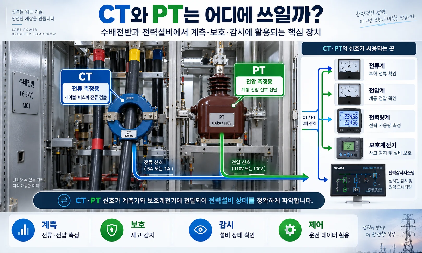 수배전반에서 CT와 PT의 전류 전압 신호가 전력량계 보호계전기 전력감시시스템에 전달되는 구조