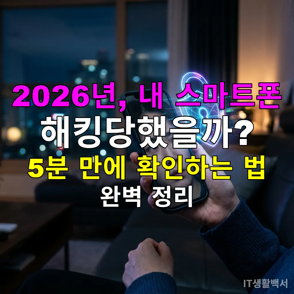 스마트폰 화면에 자물쇠 아이콘이 떠 있고 걱정스러운 표정의 한국인 손이 스마트폰을 들고 있는 모습