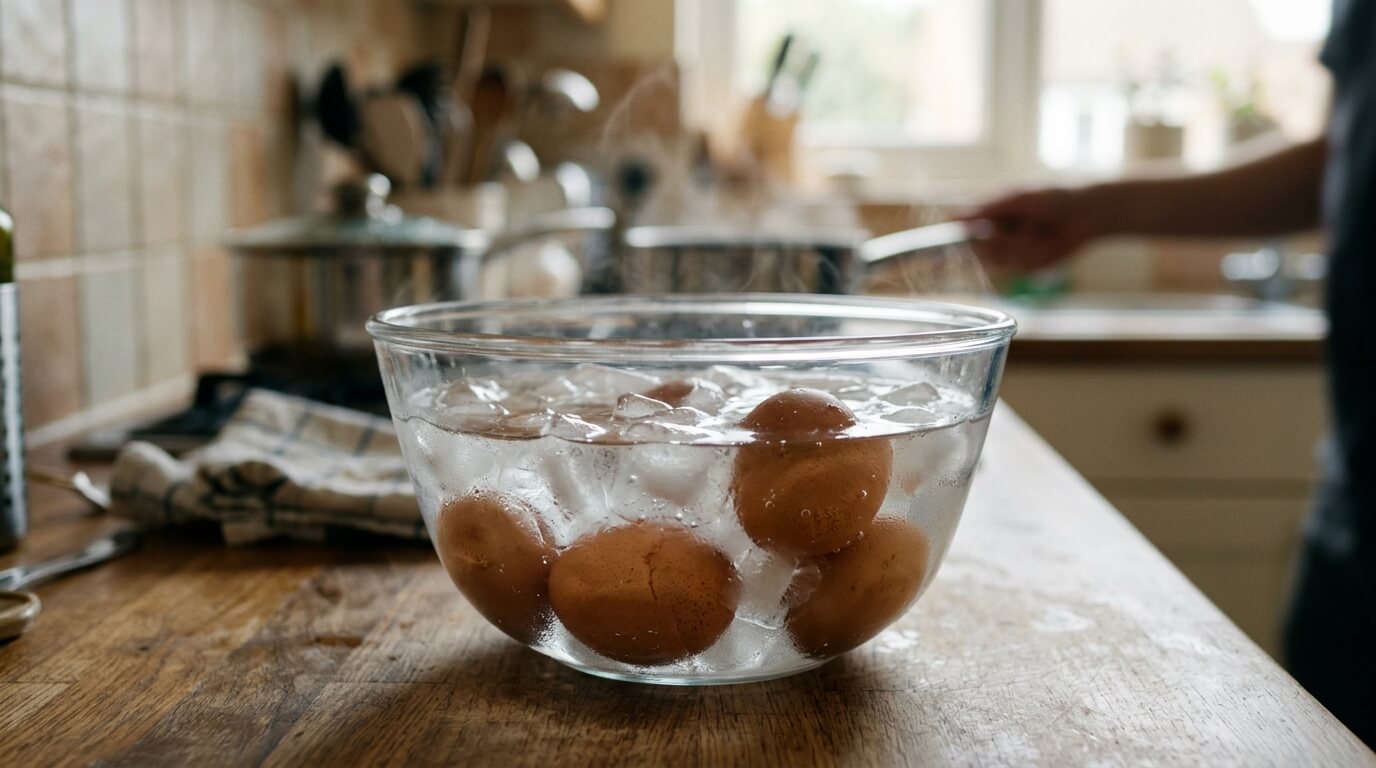 삶은 계란 찬물 얼음 냉각 열수축 껍질 잘 벗기기