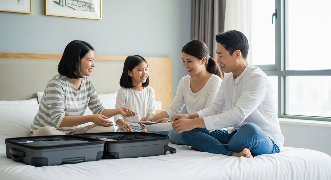 호텔 객실 침대 위에서 짐을 푸는 가족