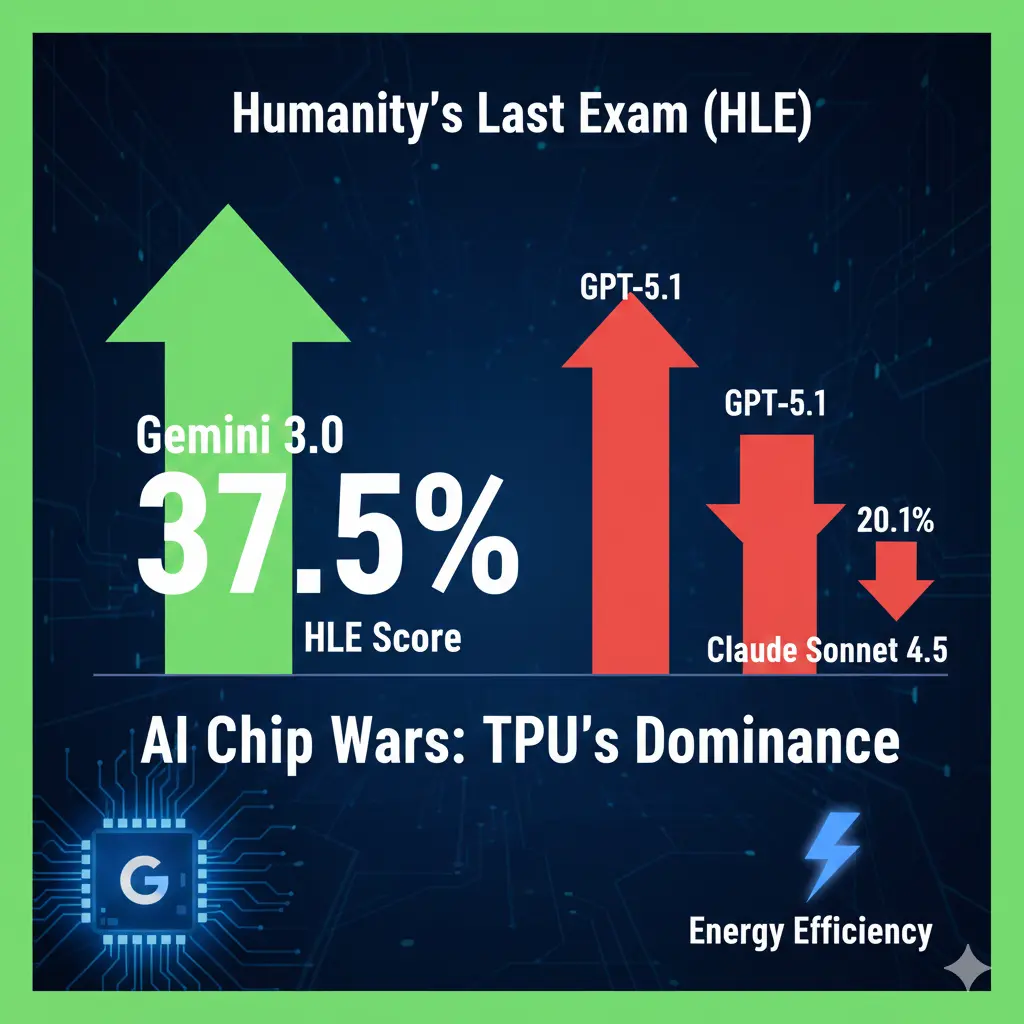 제미나이 3.0의 HLE 37.5% 성능이 GPT-5.1 등 경쟁 모델을 압도하는 비교 차트