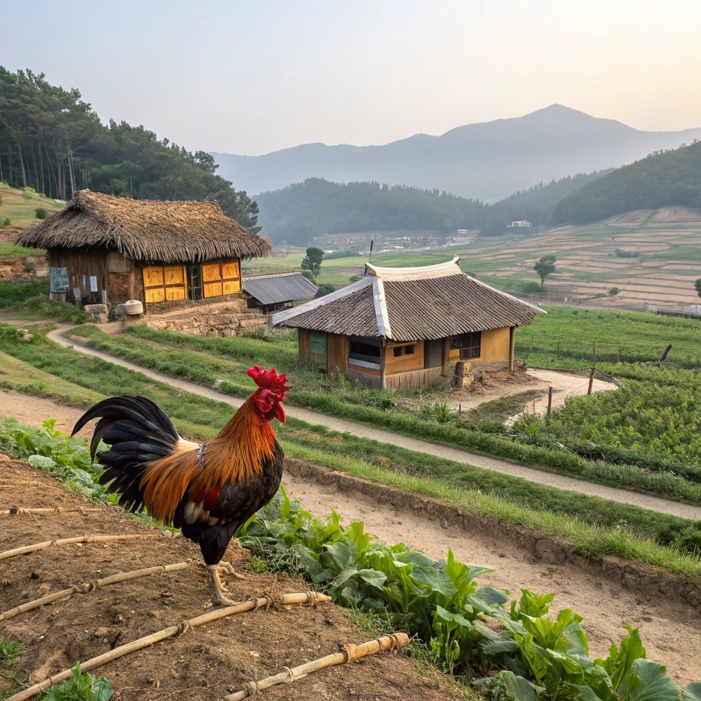 한국 농촌 배경의 토종닭