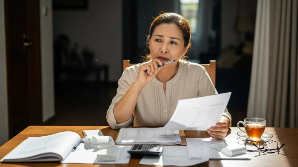 식탁에서 영수증을 정리하는데 기억이 나질 않아 고민하고 있는 가정주부 모습