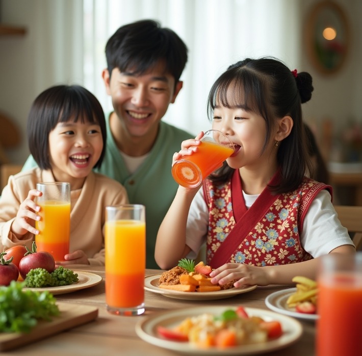 디톡스 주스 마시는 가족 이미지