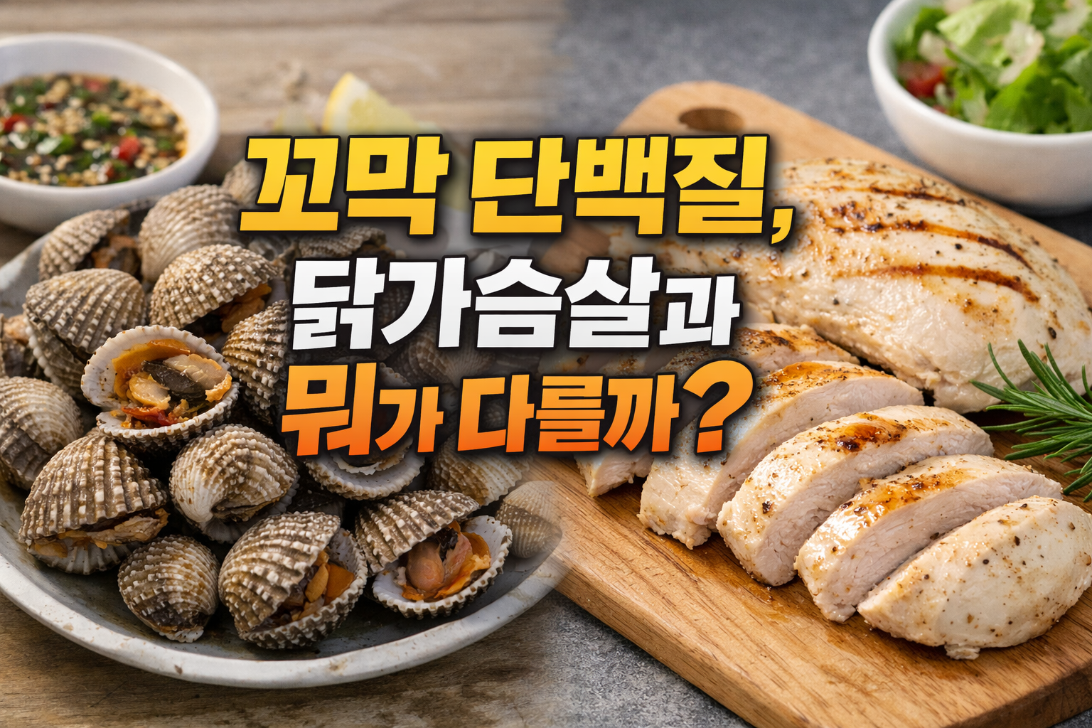 꼬막 단백질과 닭가슴살 단백질 비교 이미지, 꼬막 요리와 닭가슴살을 나란히 배치한 다이어트 식단 실사