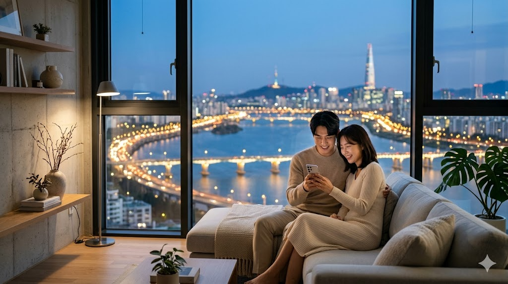 현대적인 서울 아파트에서 스마트폰 화면을 보며 미소 짓고 있는 젊은 청년 신혼부부와 창밖의 서울 야경 배경