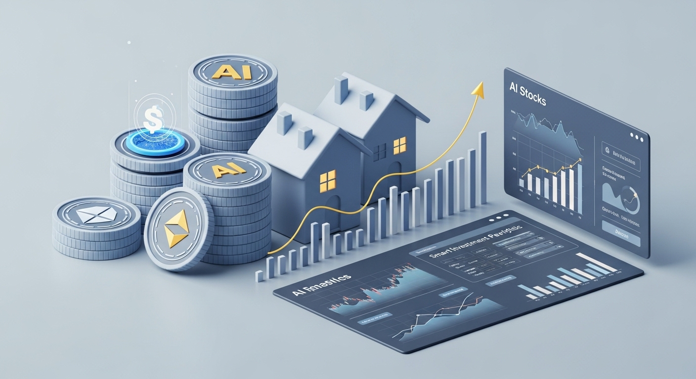 AI 시대에 주식, 부동산, 디지털 자산을 포함한 분산 투자 포트폴리오를 보여주는 이미지