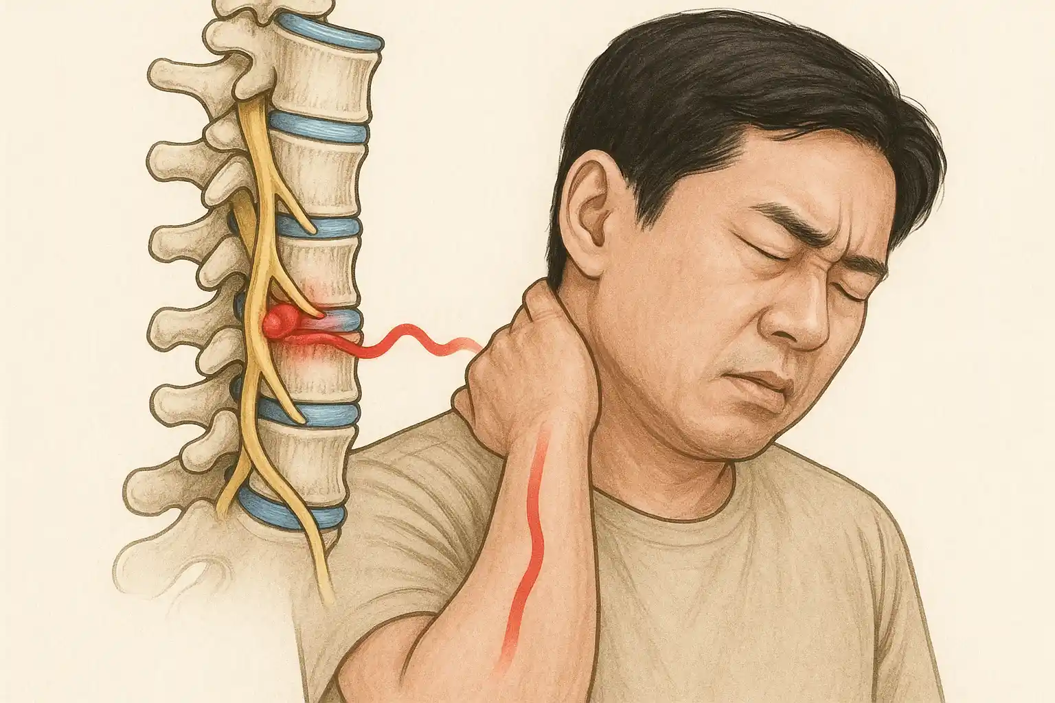 목 디스크가 돌출되어 어깨~팔로 이어지는 신경을 누르는 그림
