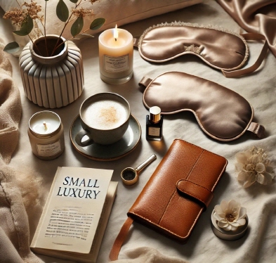 방안 탁자에 스몰 럭셔리 소핑 물건인 갈색 다이어리, 책,디퓨저, 캔들, 향기좋은 커피와 수면안대등이 꽃과 함께 나열 되어있다