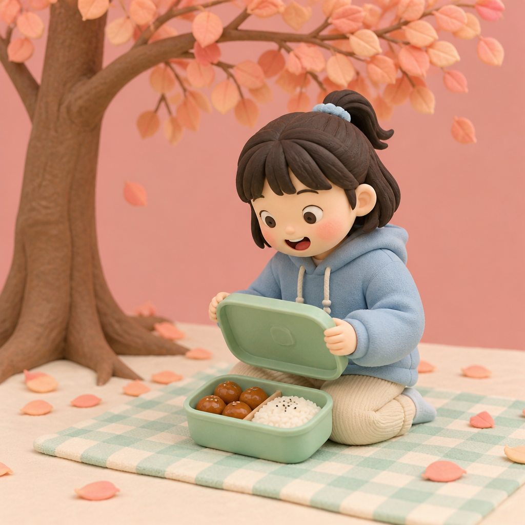 소풍 돗자리 위에서 도시락 뚜껑을 열고 웃는 아이