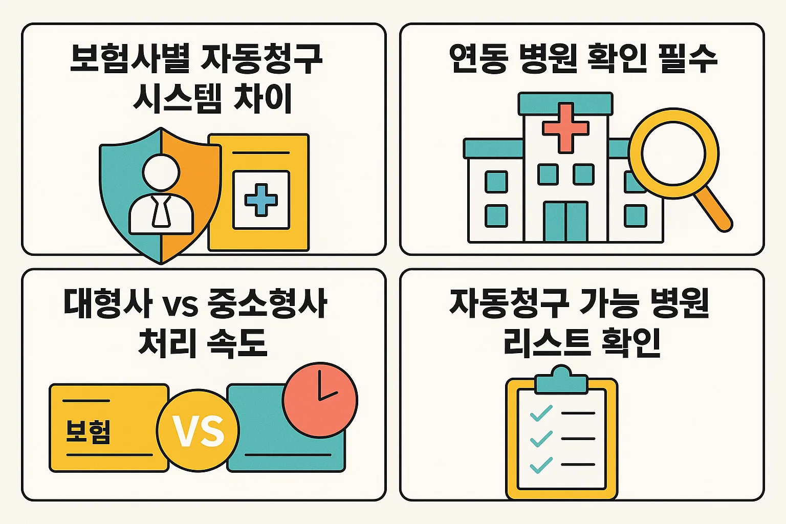보험사별 실손보험 자동청구 시스템의 차이점과 연동 병원 확인, 처리 속도 비교, 자동청구 가능 병원 리스트 점검 방법을 시각적으로 정리한 인포그래픽