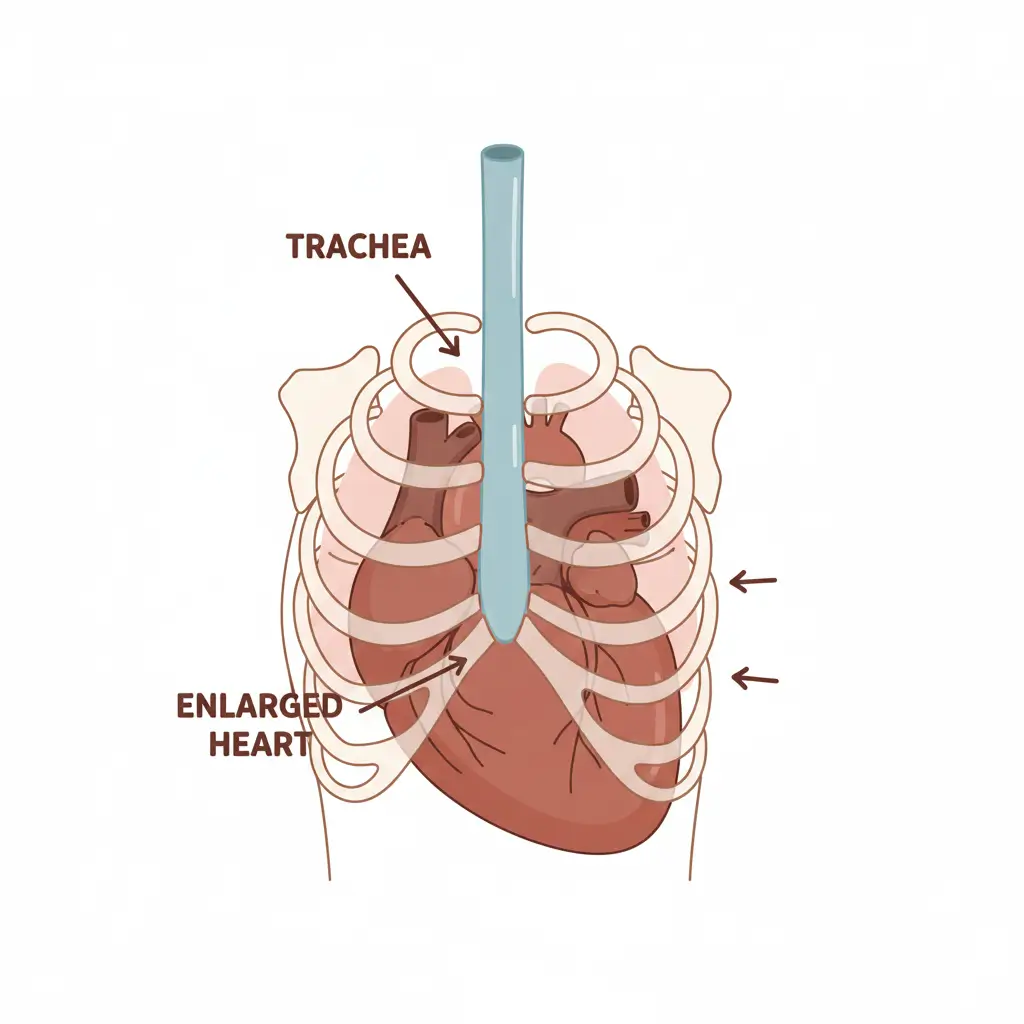 강아지 흉부에서 기관과 비대해진 심장의 위치를 보여주는 엑스레이 이미지 또는 모식도