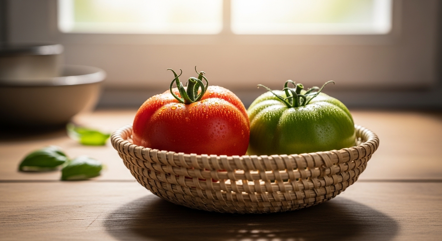 붉게 잘 익은 토마토와 아직 덜 익은 초록색 토마토가 통풍이 잘 되는 실온 바구니에 함께 보관된 모습.