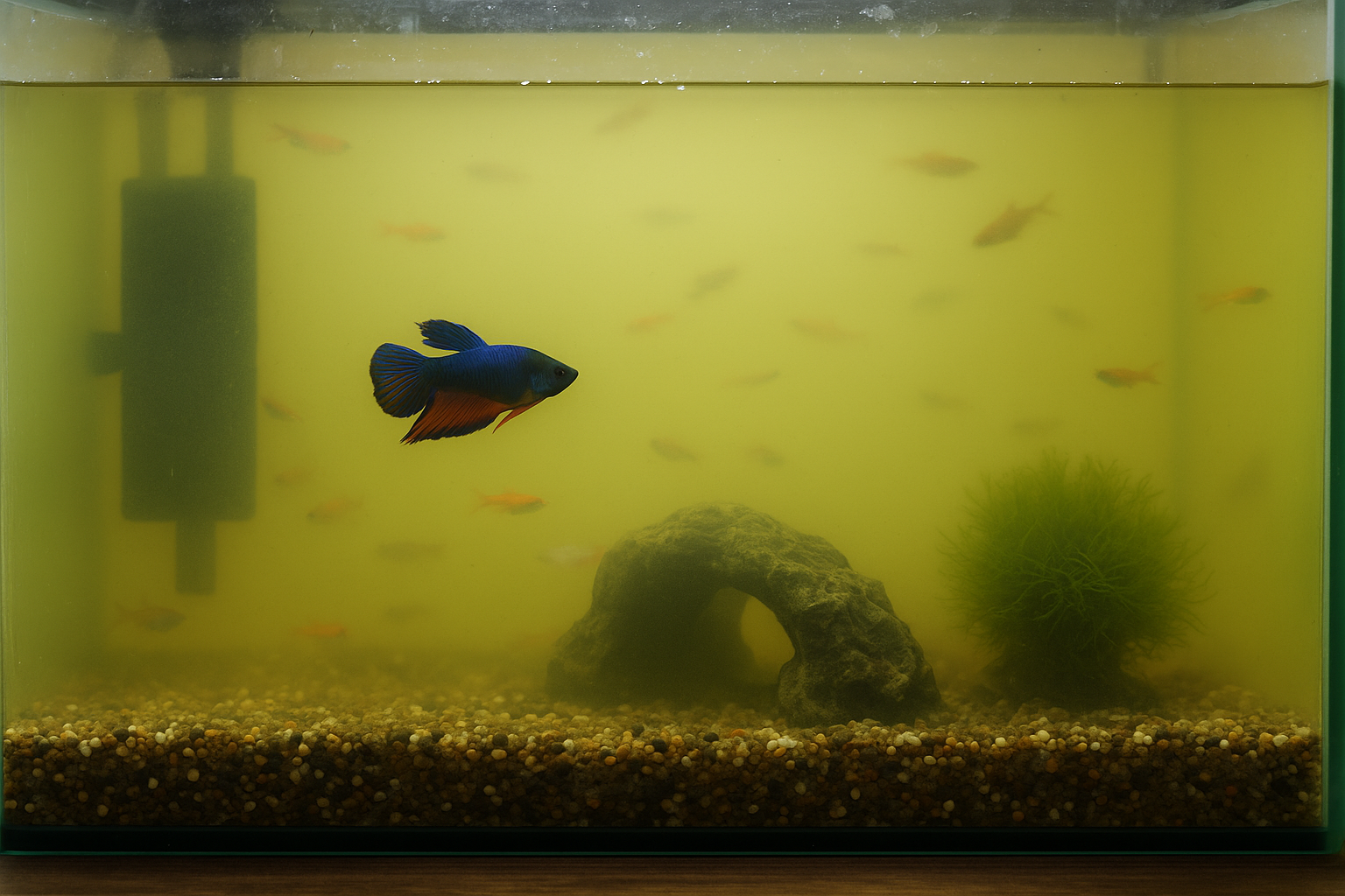 열대어 수조를 잘못 관리하여 어항이 혼탁해진 모습