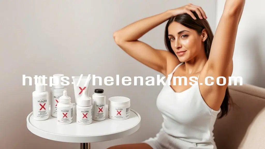 하얀 조그만 탁자 위에 다양한 화장품 용기가 엑스표 표시를 하고 놓여 있고 그 옆에는 여성이 한 팔을 위로 올리고 앉아 있는 모습.