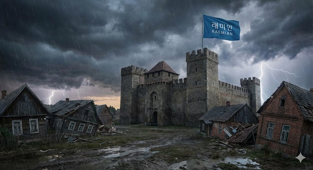 폭풍우(시장 하락) 속에서도 끄떡없이 서 있는 거대한 성(래미안 포레스티지)과 그 주변으로 무너지는 작은 집들의 대조적인 모습