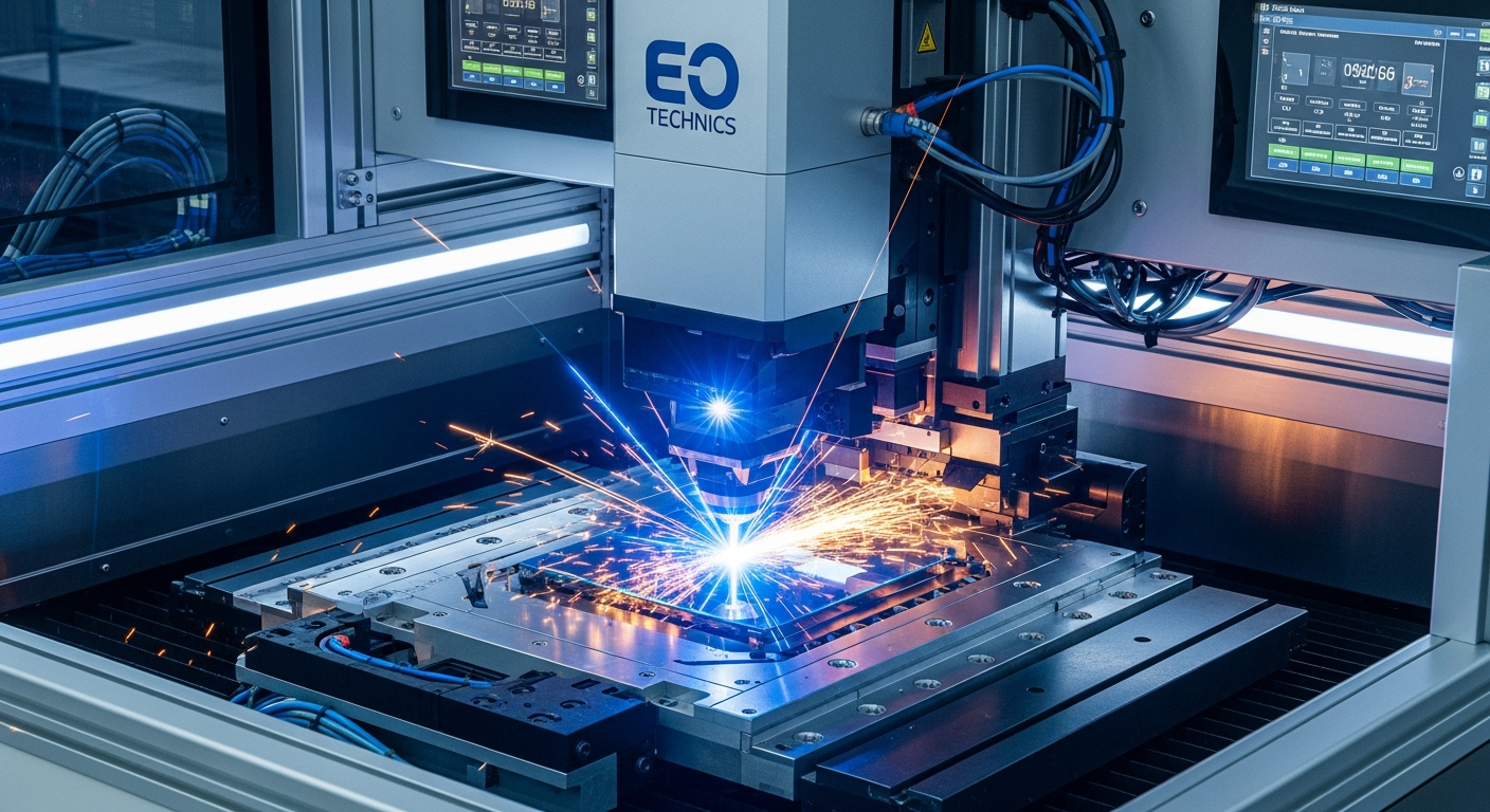 초정밀 레이저 장비가 실리콘 웨이퍼를 절단하는 모습. 푸른색 레이저 빔, 스파크, 클린룸 환경. 이오테크닉스의 기술력을 상징.