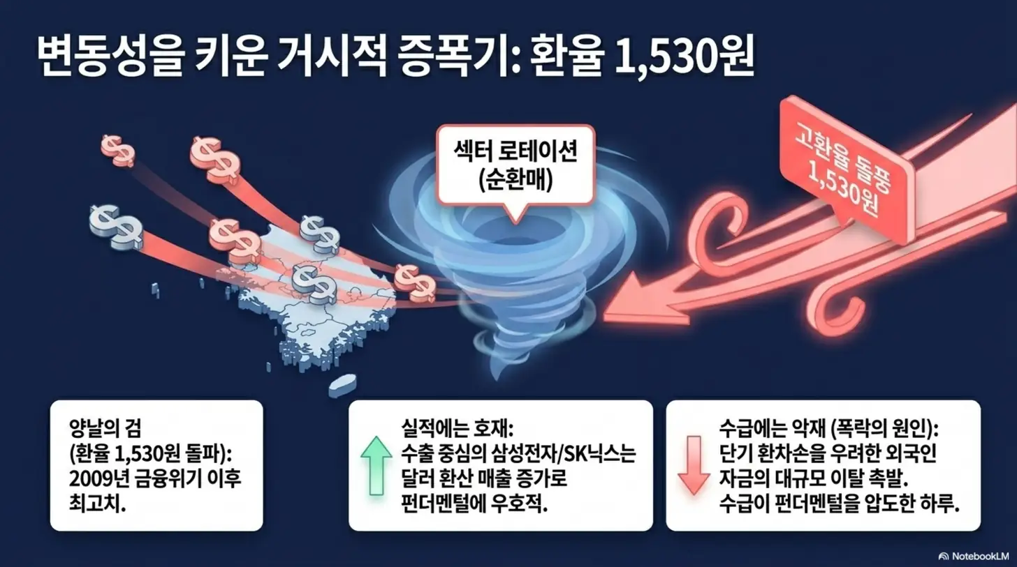 브로드컴 주가: 원달러 환율 1,530원 돌파가 국내 증시 변동성을 키운 양날의 검 효과를 태풍 이미지로 표현한 인포그래픽. 수출주 실적에는 우호적이지만 외국인 자금 이탈로 수급에는 악재로 작용한 점을 보여주며, 브로드컴 국내 관련주와 환율 영향을 설명하는 블로그 내용과 관련됨