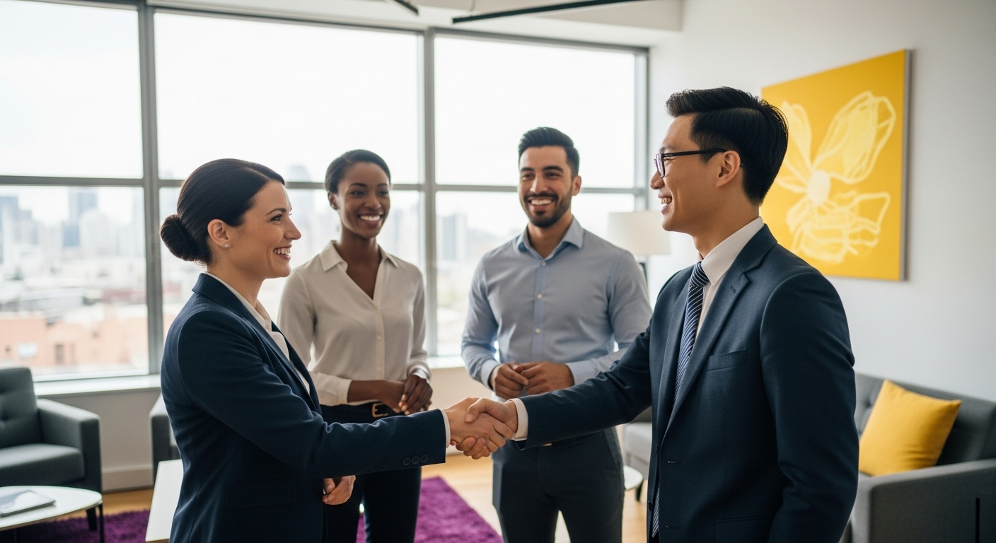 직장 동료와 상사, 거래처 관계자들이 서로 존중하며 새해 인사를 나누는 비즈니스 상황.