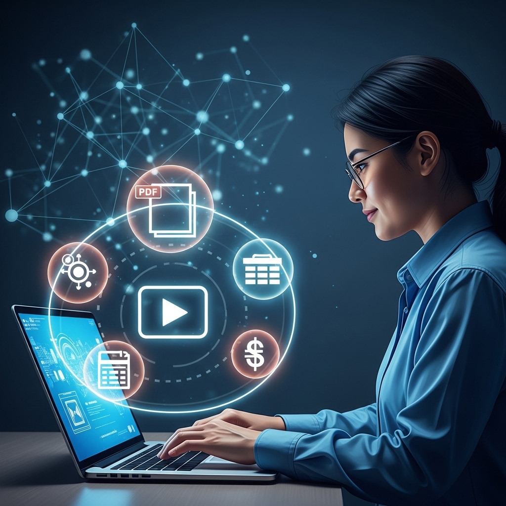 디지털 상품으로 자동 수익 시스템을 구축하여 경제적 자유를 달성하는 사람의 모습. 노트북 화면에 디지털 상품 아이콘과 성공을 상징하는 빛이 비친다.