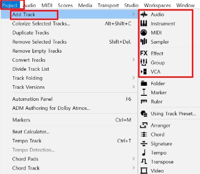 프로젝트 메뉴의 Add Track