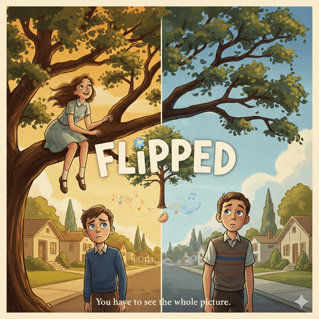 영화 플립의 테마를 담은 이미지로, 나무 위에서 넓은 세상을 바라보는 줄리와 아래에서 고립된 시선을 가진 브라이스의 대비를 통해 "전체 풍경을 봐야 한다"는 메시지를 시각적으로 표현한 일러스트