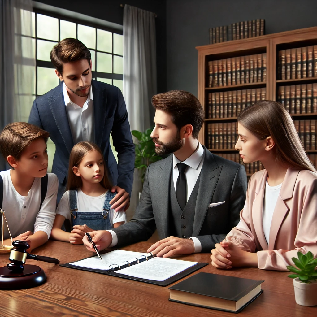 상속 포기'라는 라벨이 붙은 법적 서류를 들고 있는 사람과 배경에 있는 가족