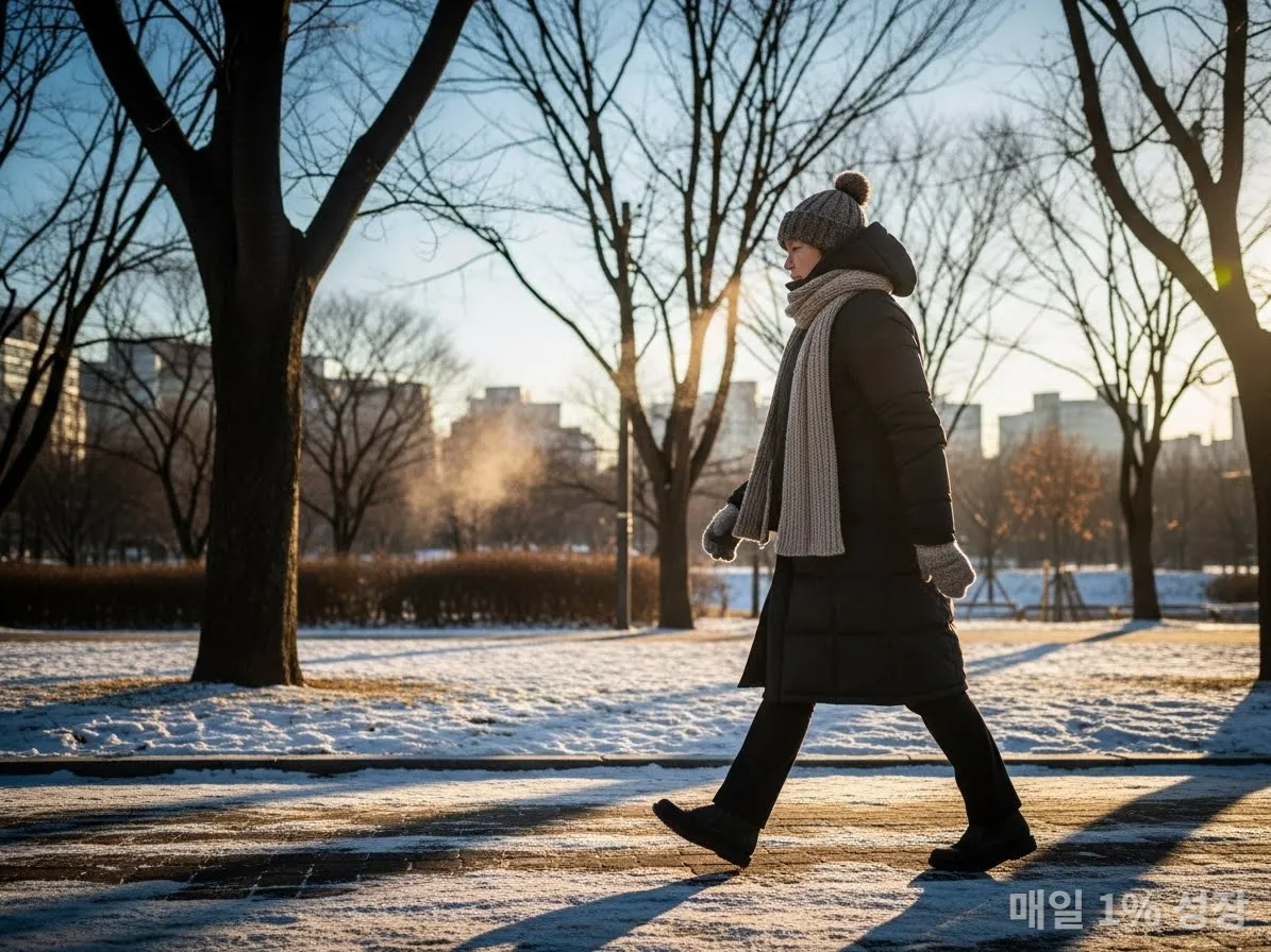 겨울 햇살을 맞으며 산책하는 한국인