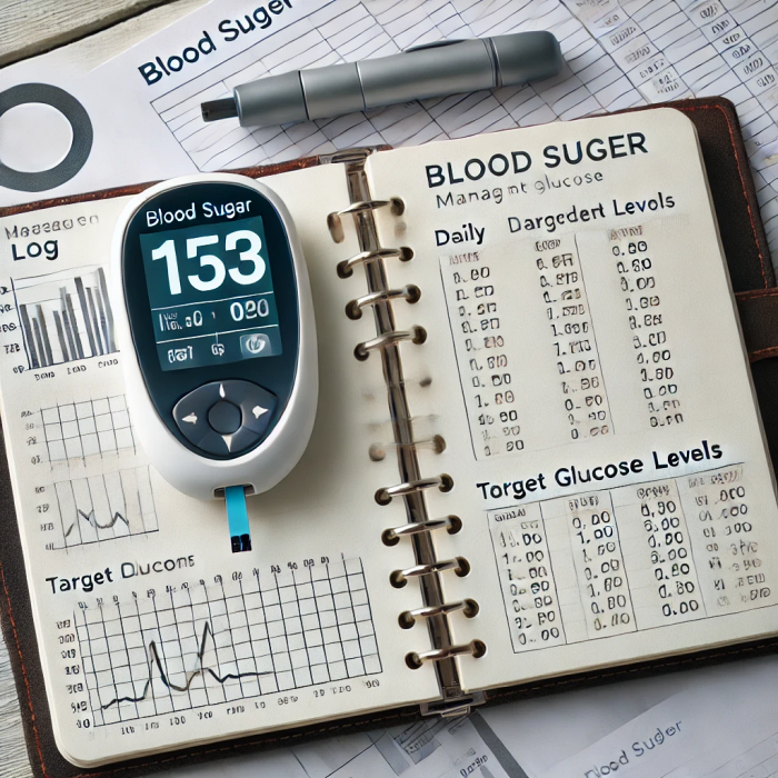 혈당 관리용 노트와 목표 수치를 기록한 데이터와 함께 놓인 혈당 측정기.
