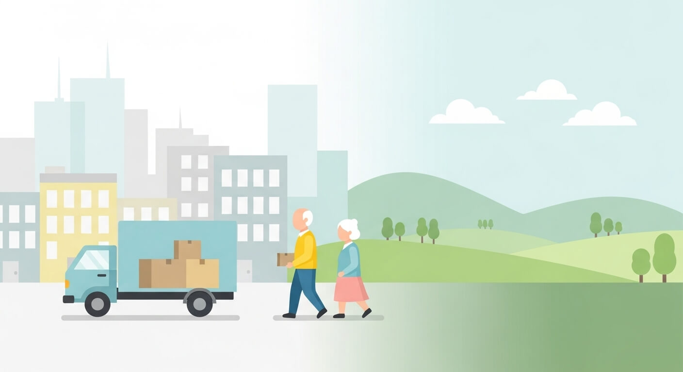 노부부가 짐을 싣고 도시에서 시골로 이주하는 장면. 2