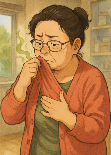 자신의 체취를 냄새 맡는 중년 여인