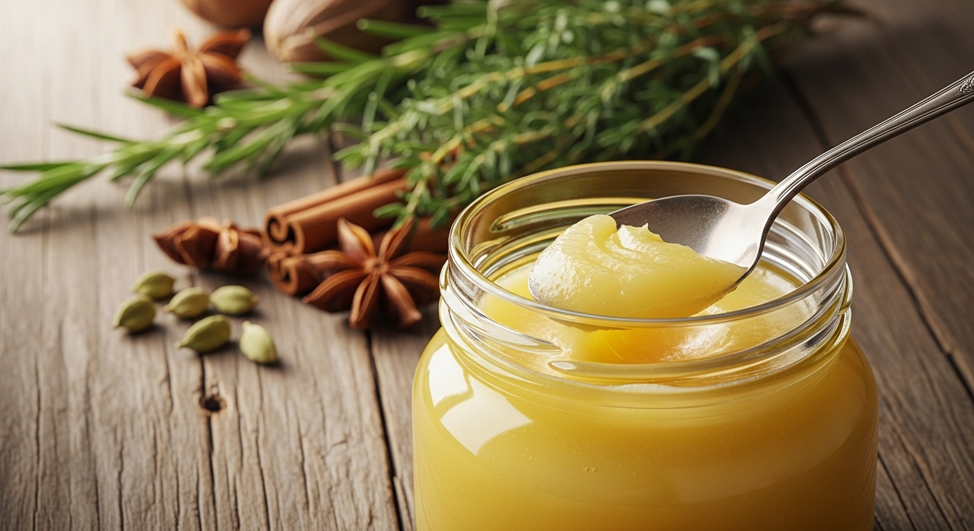 투명한 유리병에 담긴 황금빛 기버터와 요리 재료들.