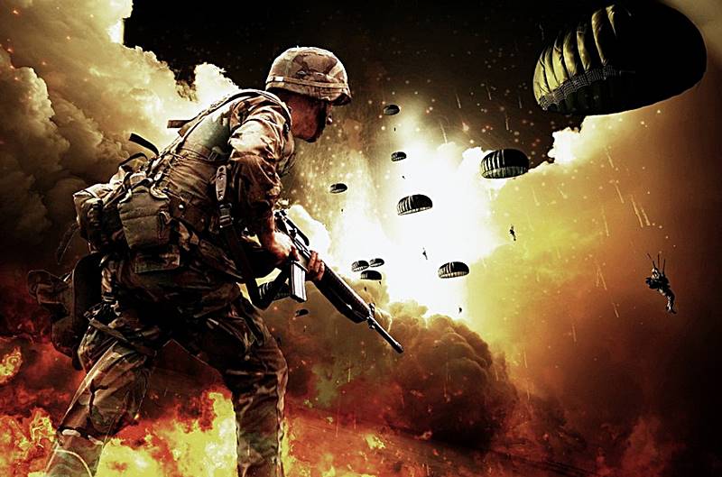 낙하산병이-낙하하는-배경에-군인이-돌격하는-그림