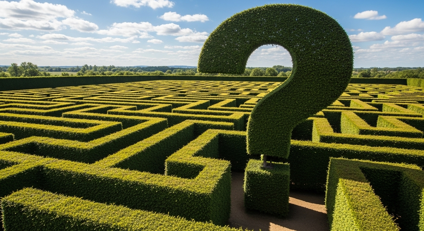 미로의 끝이 거대한 물음표로 되어 있는 모습