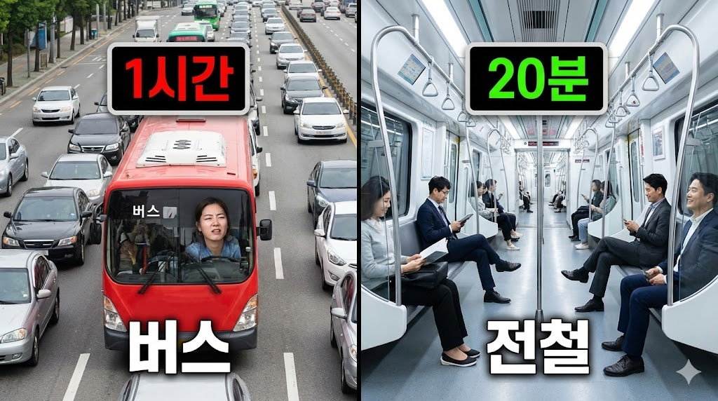 대장홍대선 개통 전후의 이동 시간과 편의성 차이를 비교하는 이미지입니다. 버스와 전철의 이동 시간을 직관적으로 비교하여 철도 개통의 효과를 강조합니다.