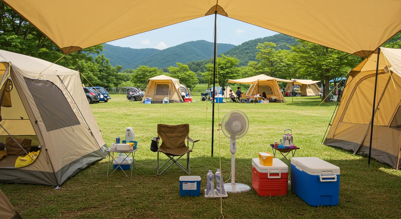 가족과 함께한 캠핑장에서 텐트 설치한 이미지