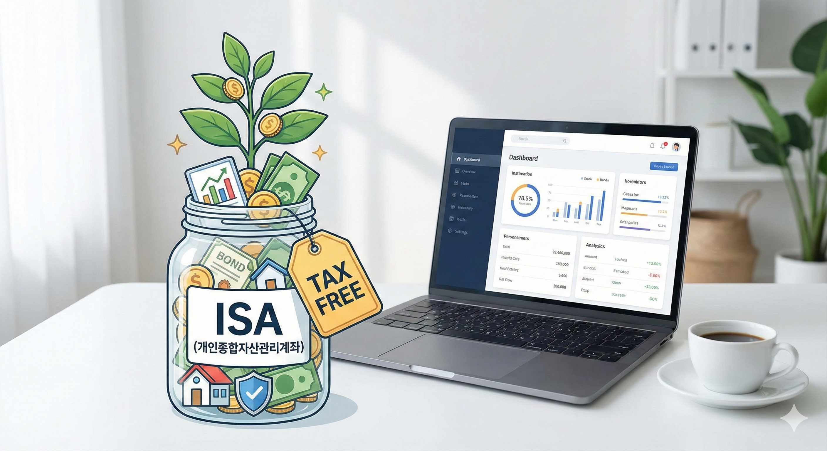 ISA 개인종합자산관리계좌의 절세 개념을 나타내는 일러스트와 투자 현황을 보여주는 노트북 화면