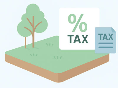 초록색 풀밭 위에 나무 두 그루, 퍼센트 기호와 ‘TAX’ 텍스트가 함께 있는 이미지. 토지 재산세와 과세표준 개념을 나타낸 일러스트