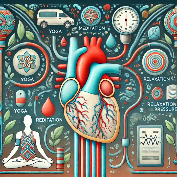 스트레스가 혈압에 미치는 영향을 설명하고 요가&amp;#44; 명상 방법을 포함한 일러스트