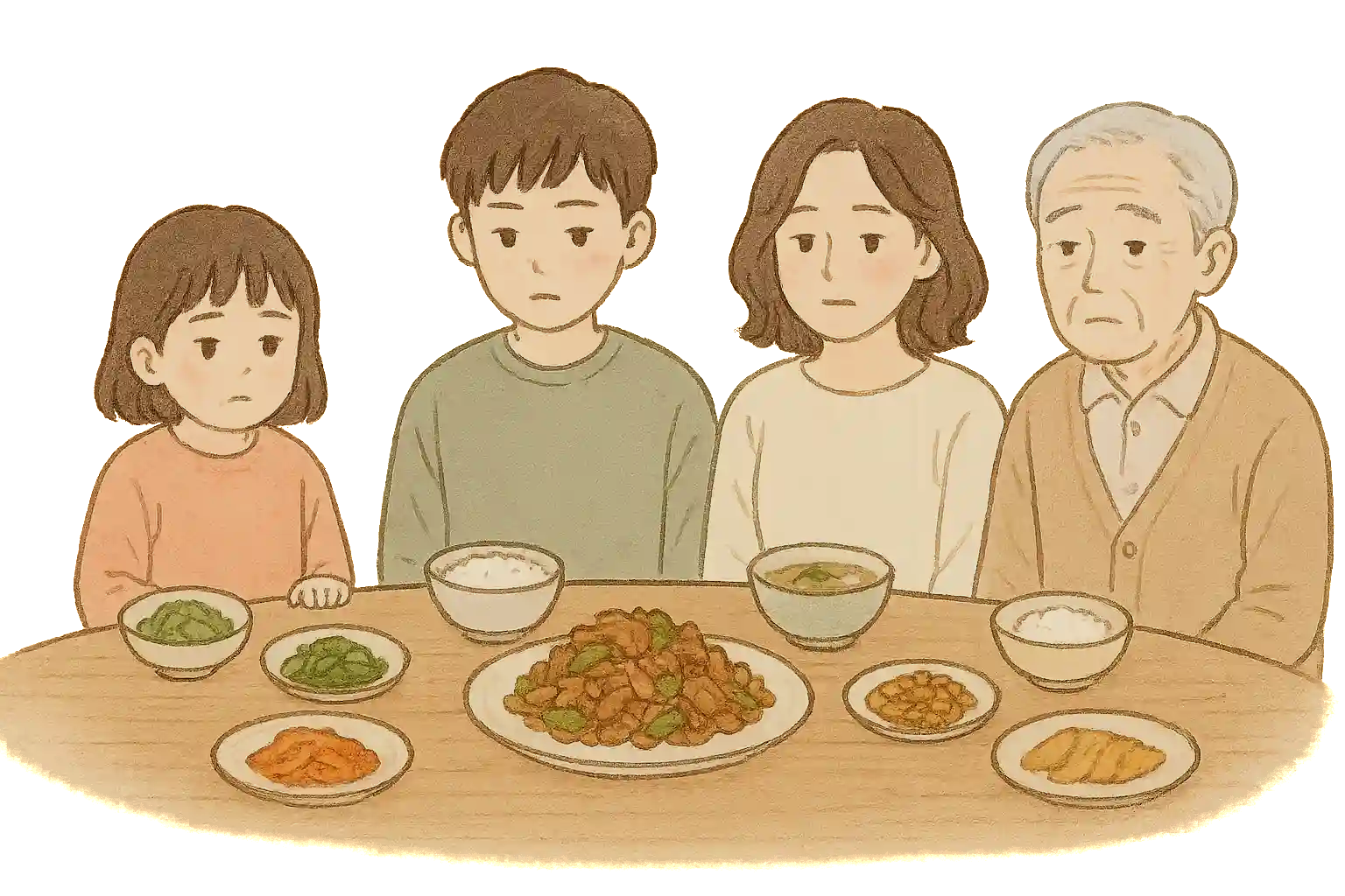 가족 구성원이 함께 식탁에 앉아 있지만 각자 다른 표정으로 음식을 바라보는 모습