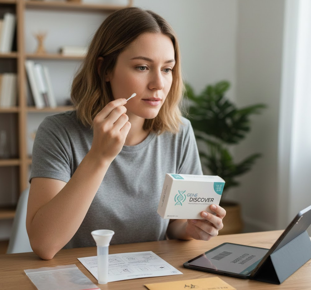 집에서 DNA 유전자 검사 키트로 검사를 하고 있는 여성