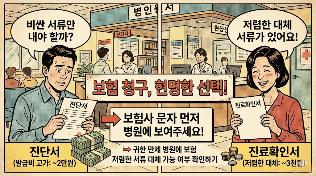 진단서 대신 진료확인서로 대체 가능한 상황과 비용 차이 설명 이미지