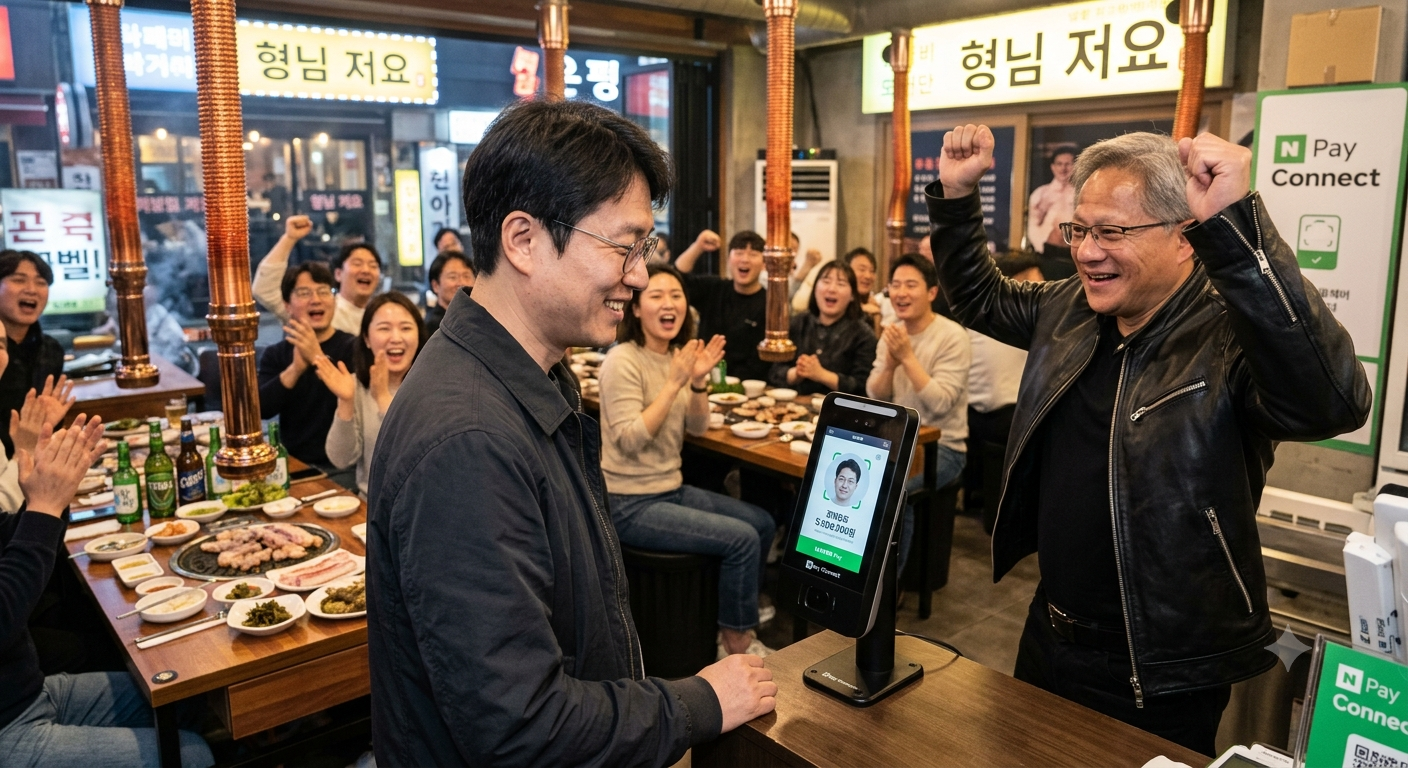 네이버페이 커넥트 단말기 앞에서 안면인식 결제가 완료되자 식당 안 시민들이 환호하고, 두 남성이 웃으며 축하하는 모습을 담은 네이버 페이스사인 얼굴 결제 이미지