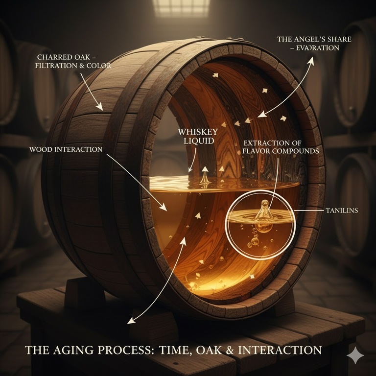 오크통에서 숙성되는 위스키의 모습