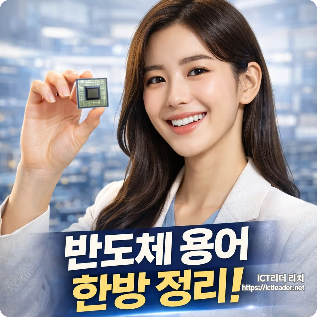 밝고 환한 조명 아래, 반도체 칩을 들고 자연스럽게 웃는 여성 모델의 블로그 썸네일 이미지