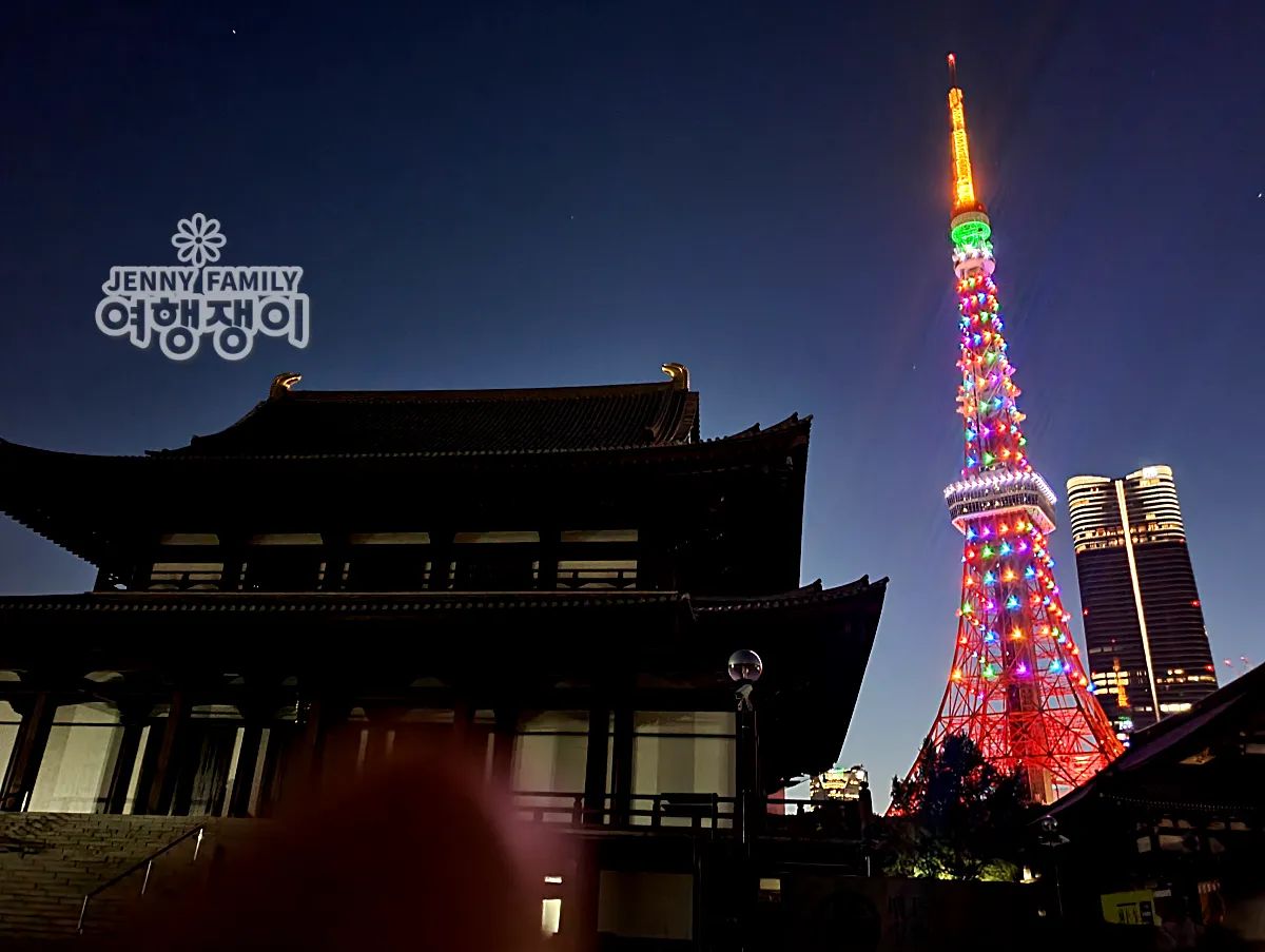 조조지 절 앞에서 바라본 도쿄타워 야경 전경 / Night view of Tokyo Tower from Zojoji Temple