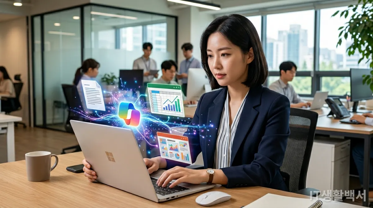한국인 직장인이 노트북으로 마이크로소프트 365 앱에서 코파일럿의 도움을 받아 업무 생산성을 높이는 모습