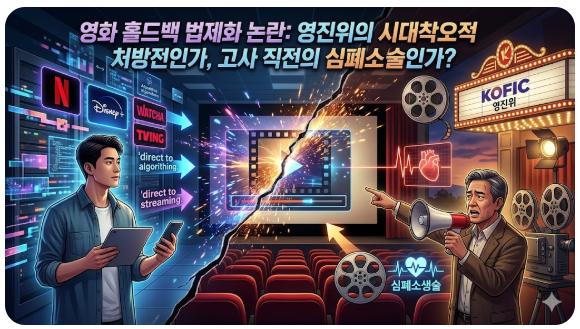 왼쪽 (OTT 디스룹션): 현대적이고 fragmented한 디지털 데이터 스트림과 '디렉트 투 스트리밍' (OTT 플랫폼 로고들) 이미지를 통해 시대적 변화를 나타냅니다.

오른쪽 (전통 극장 수호): 클래식한 필름 릴, 프로젝터, 그리고 '영화 산업의 심폐소생술'을 상징하는 심장 모니터 그래픽과 영진위 (KOFIC) 로고를 통해 위기 극복의 의지를 보여줍니다.

중앙: 두 세계가 충돌하고 융합하는 시네마 스크린과 progress bar를 배치하여 논란의 핵심을 형상화했습니다.